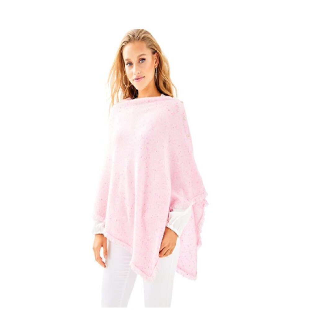 Lilly Pulitzer Harp Cashmere Wrap Poncho Gold Buttons Fringe Paradise Pink